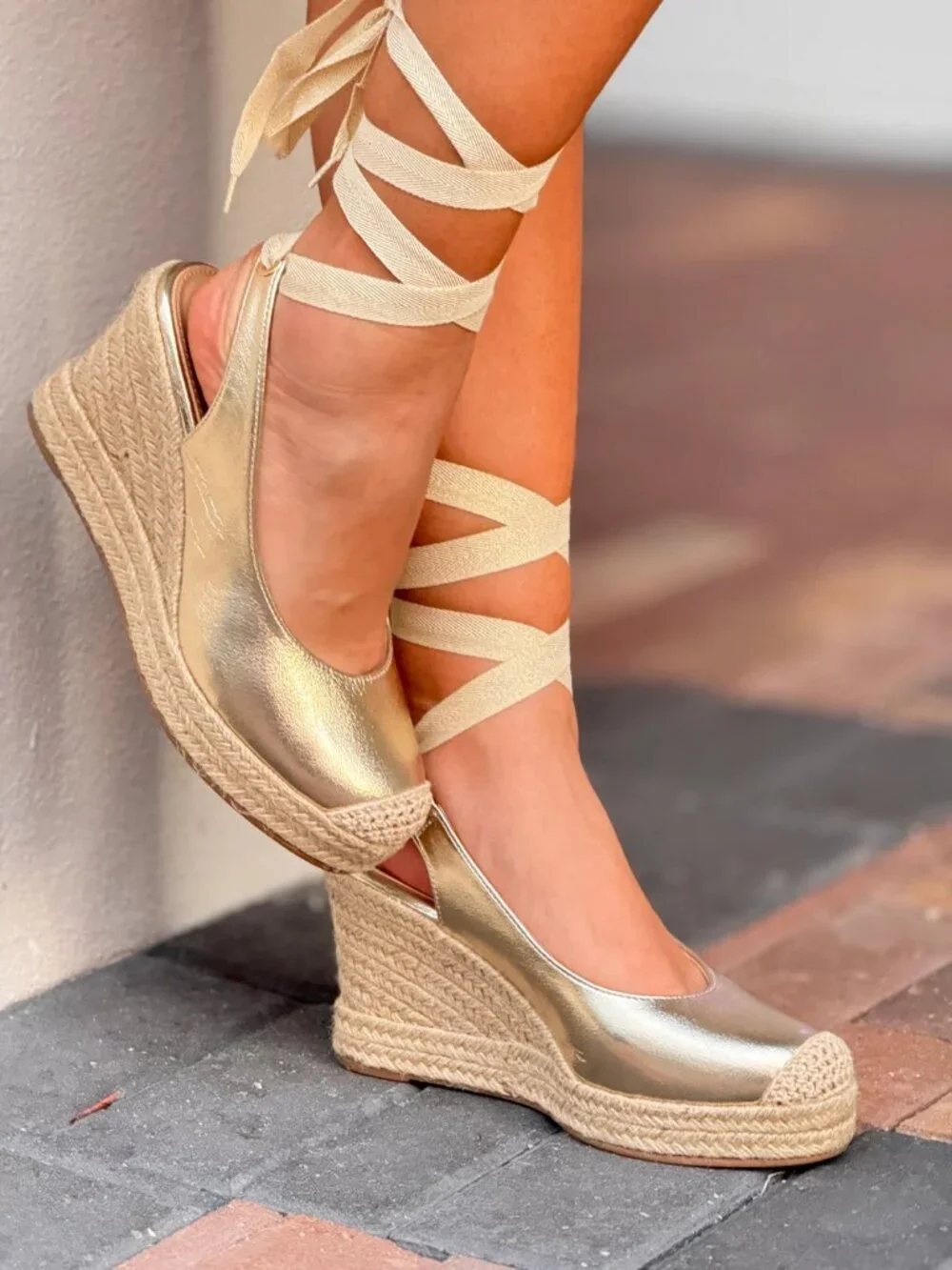 New Gold Leg Wrap Lace-Up Raffia Espadrille Wedge Sandal Platform Heel Slingback